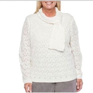 Alfred Dunner‎ Women's Cream Lace Knit Sweater with Attached Scarf Pearls 3X